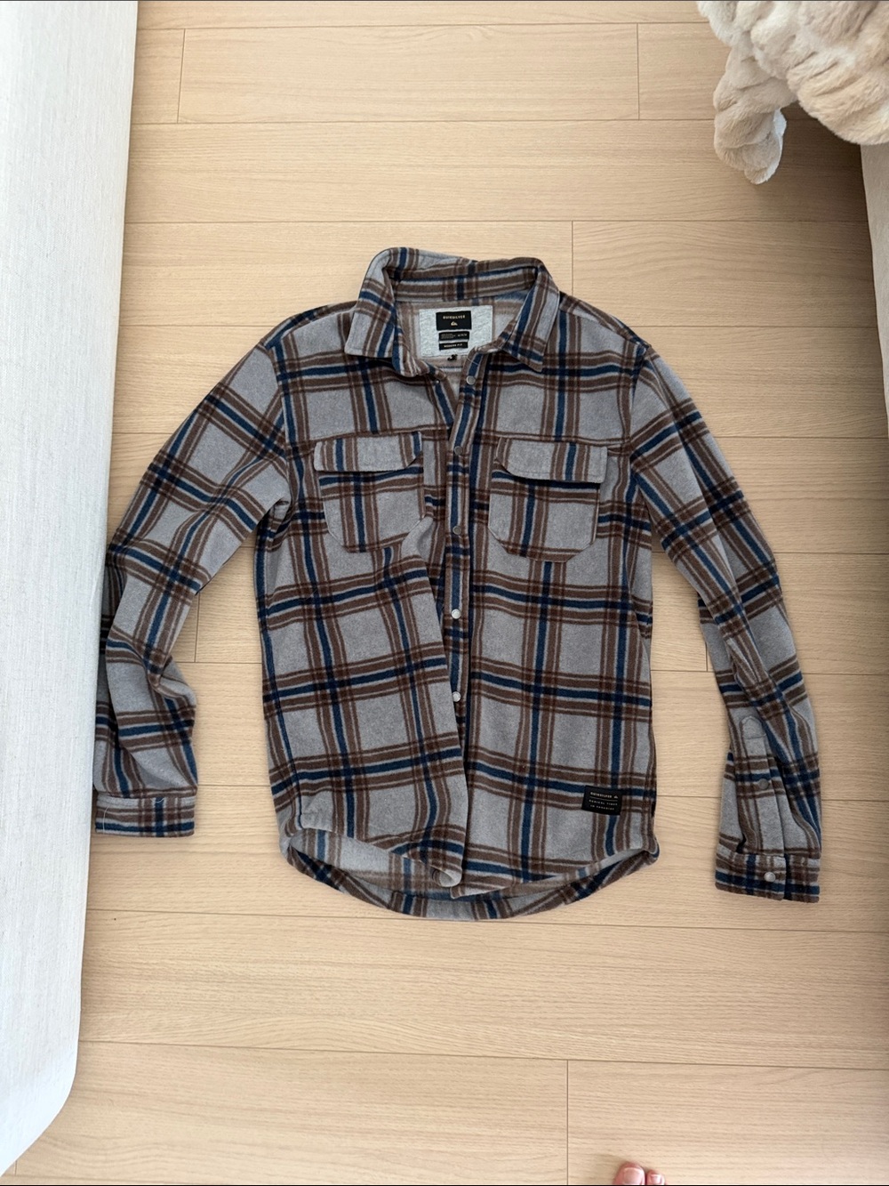 Quiksilver Grey Plaid Button-Up Shirt with Blue and Brown Checks